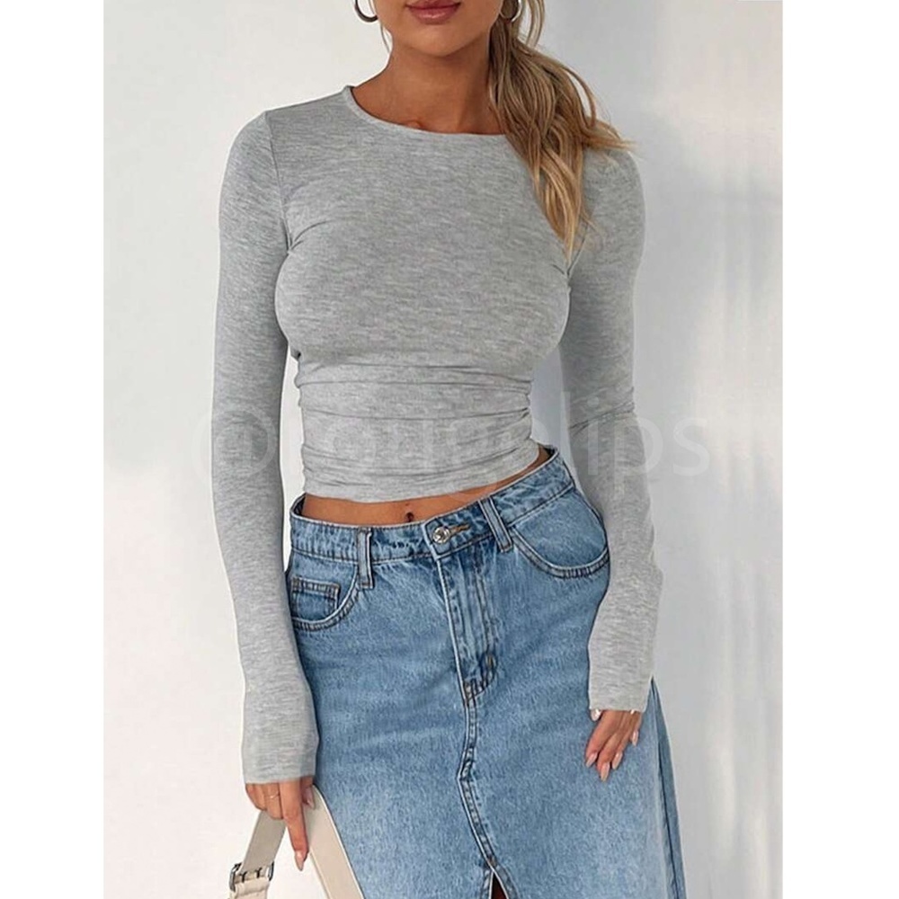 Grey Long Sleeve Crop Top Tee Shirt Round Neck